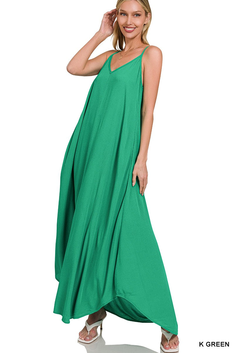 K Green Zenana Woven Crinkle Cami Maxi Dress With Side Pockets 1