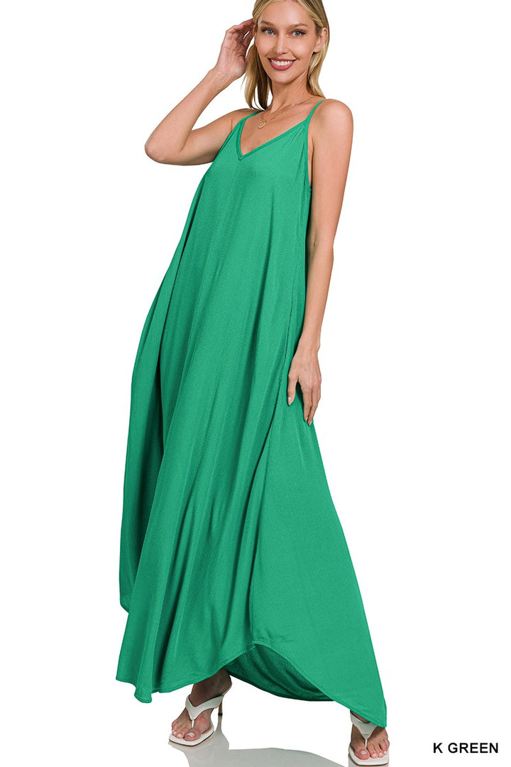 K Green Zenana Woven Crinkle Cami Maxi Dress With Side Pockets 1