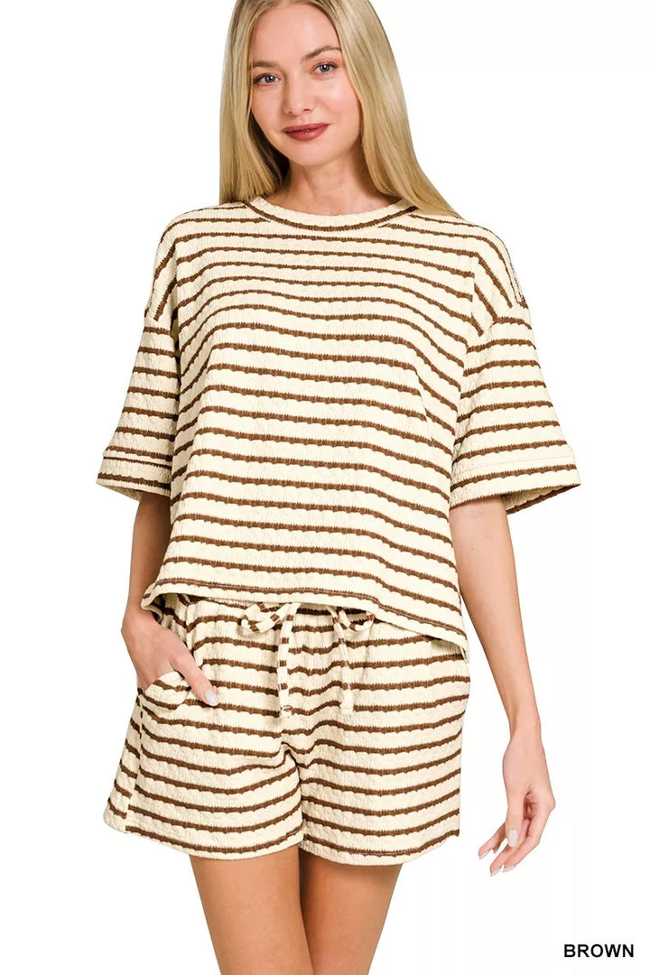 Brown Zenana Striped Short Sleeve Tee Shorts Set