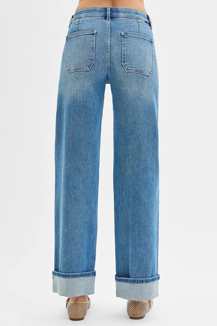 Medium Risen Full Size Elastic Band Mid Rise Wide Front Patch Pocket Cuff Jeans Plus Size