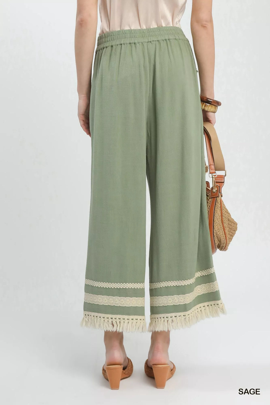 Sage Umgee Lace Trim Fringe Hem Wide Leg Pants