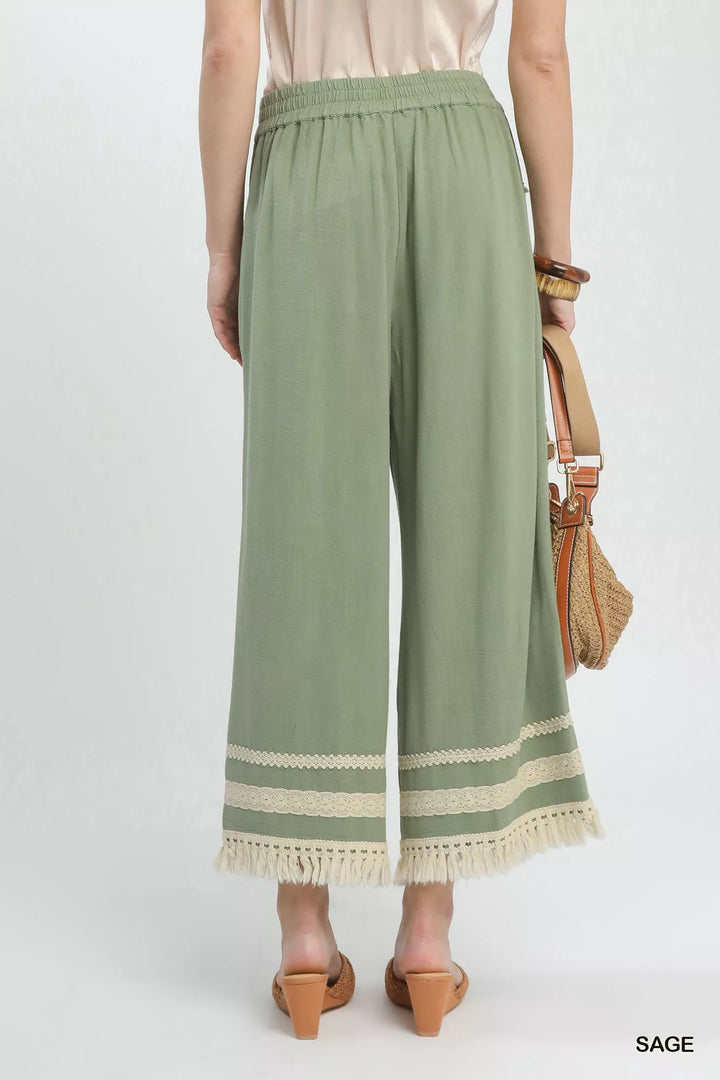 Sage Umgee Lace Trim Fringe Hem Wide Leg Pants