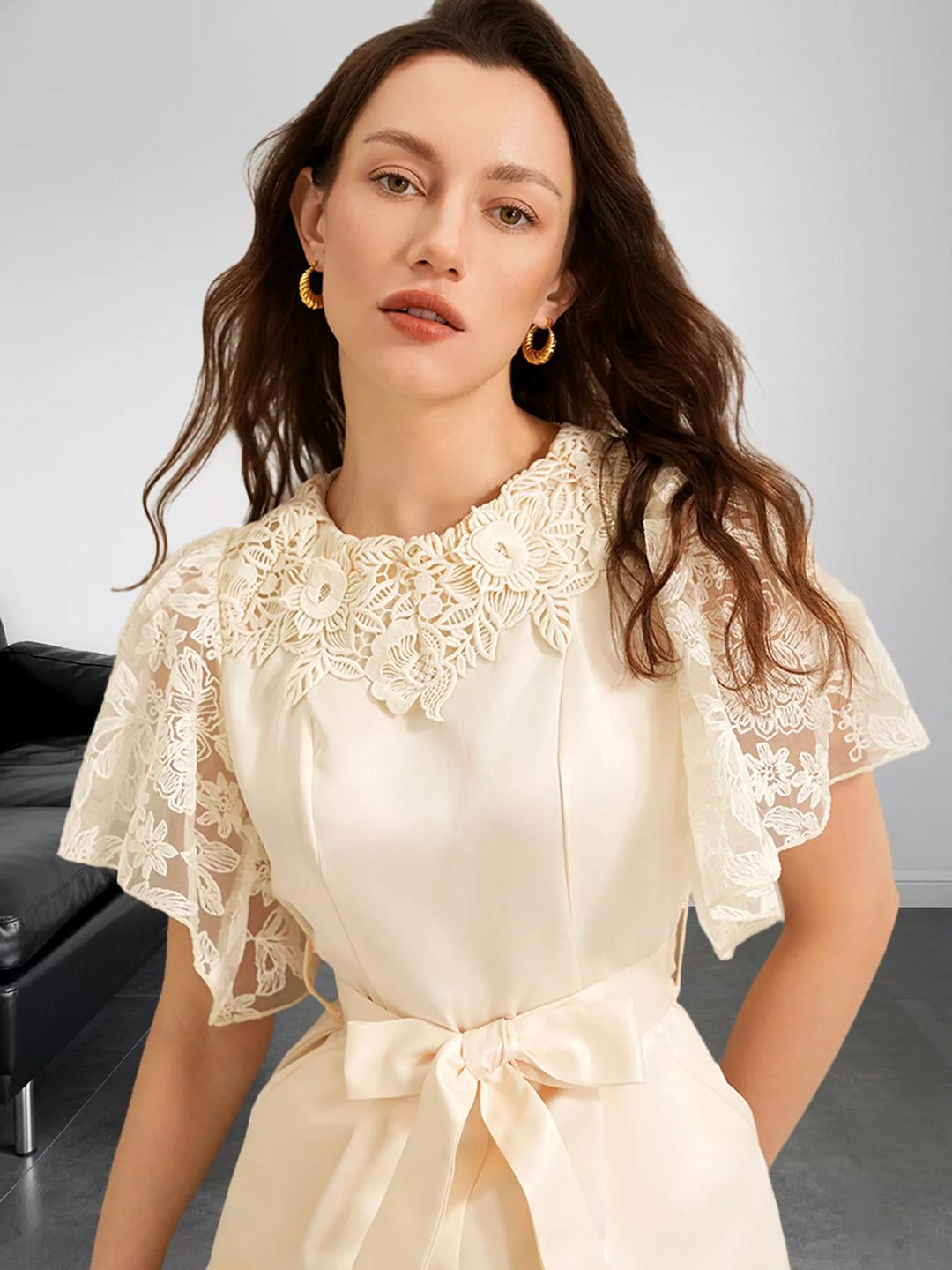 Lace Trim Belted Wide Leg Jumpsuit