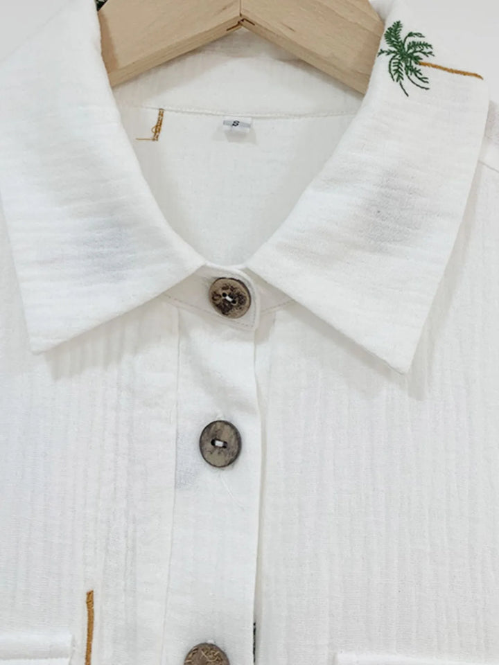 Palm Tree Print Short Sleeve Button Up Romper With Belt