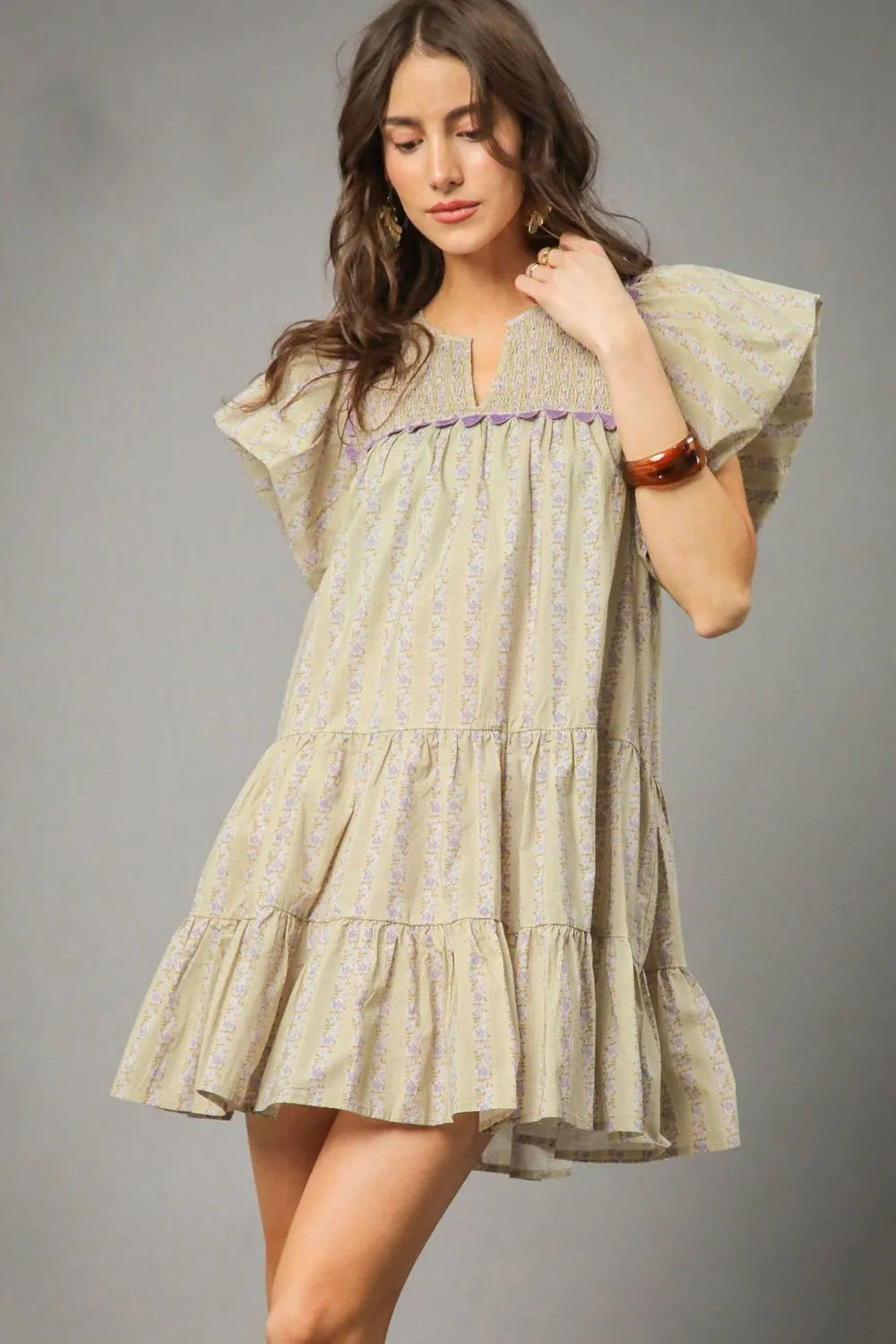 Sage Umgee Floral Ruffled Cap Sleeve Tiered Mini Dress
