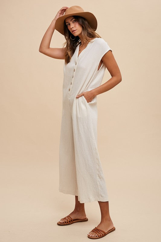 Cream Annie Wear Button Detail Wide Leg Jumpsuit With Pockets 1