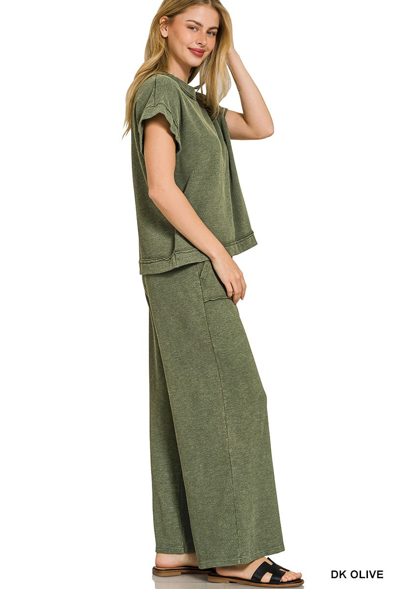Dk Olive Zenana Washed Slub Short Sleeve Tee Long Pants Set