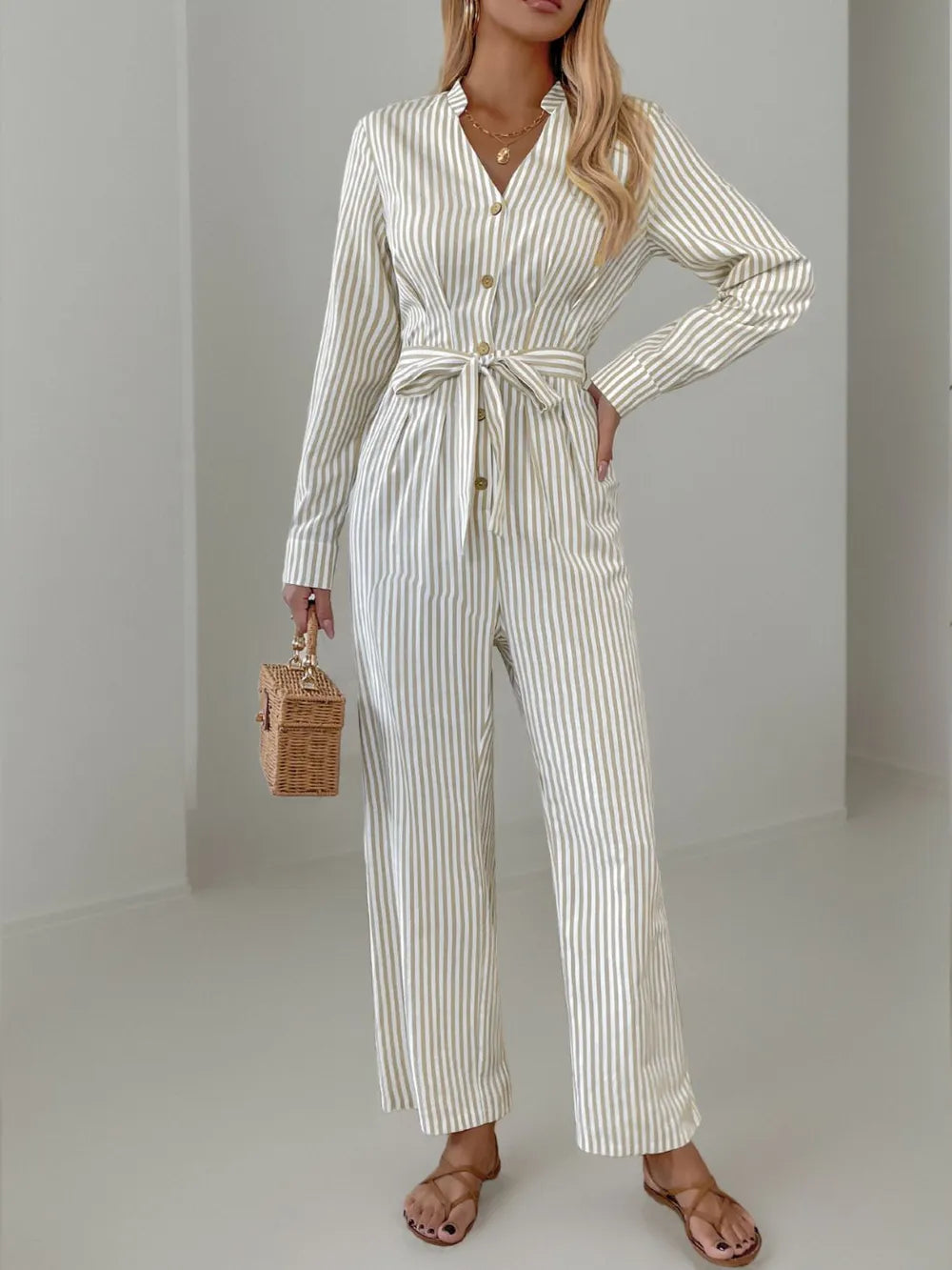 Beige Striped Notched Long Sleeve Tie Waist Jumpsuit