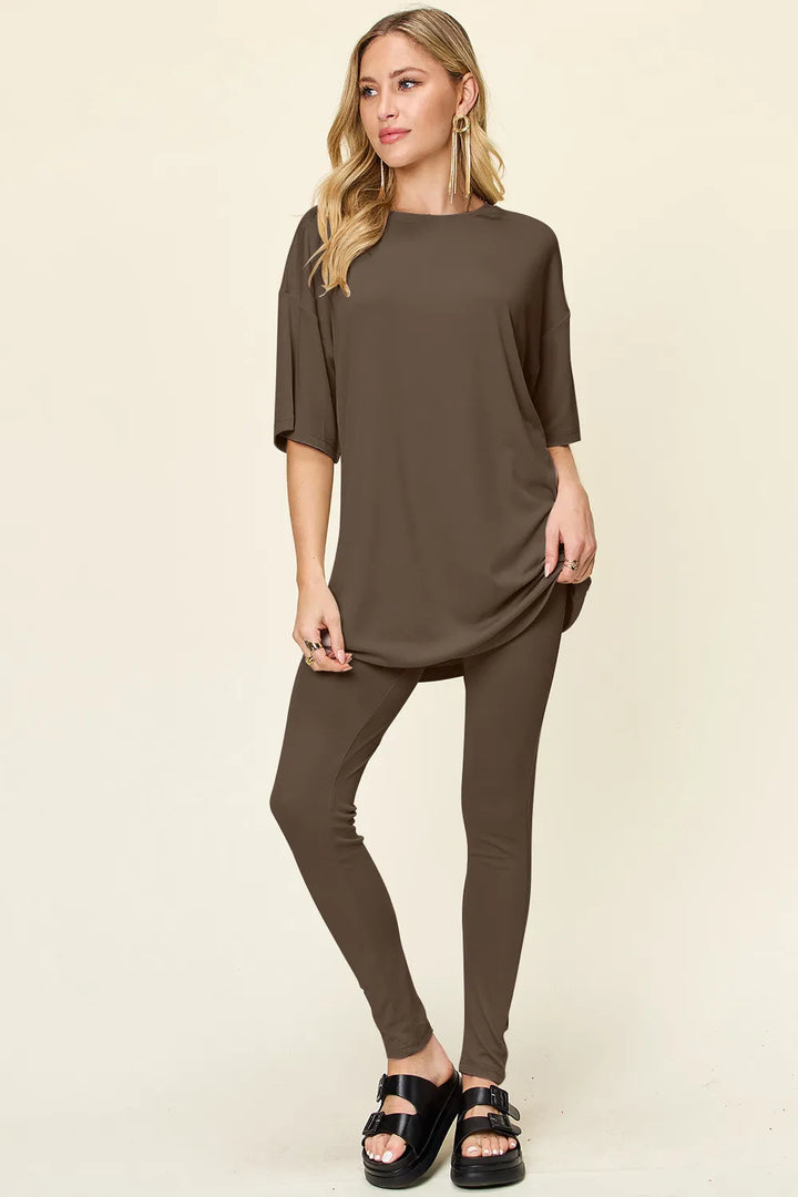 Black Double Take Full Size Round Neck Dropped Shoulder T Shirt And Leggings Set