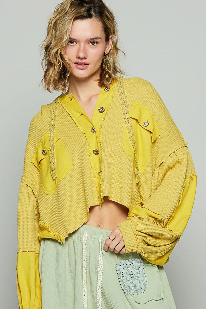 Yellow Pol Raw Hem Cropped Hooded Jacket