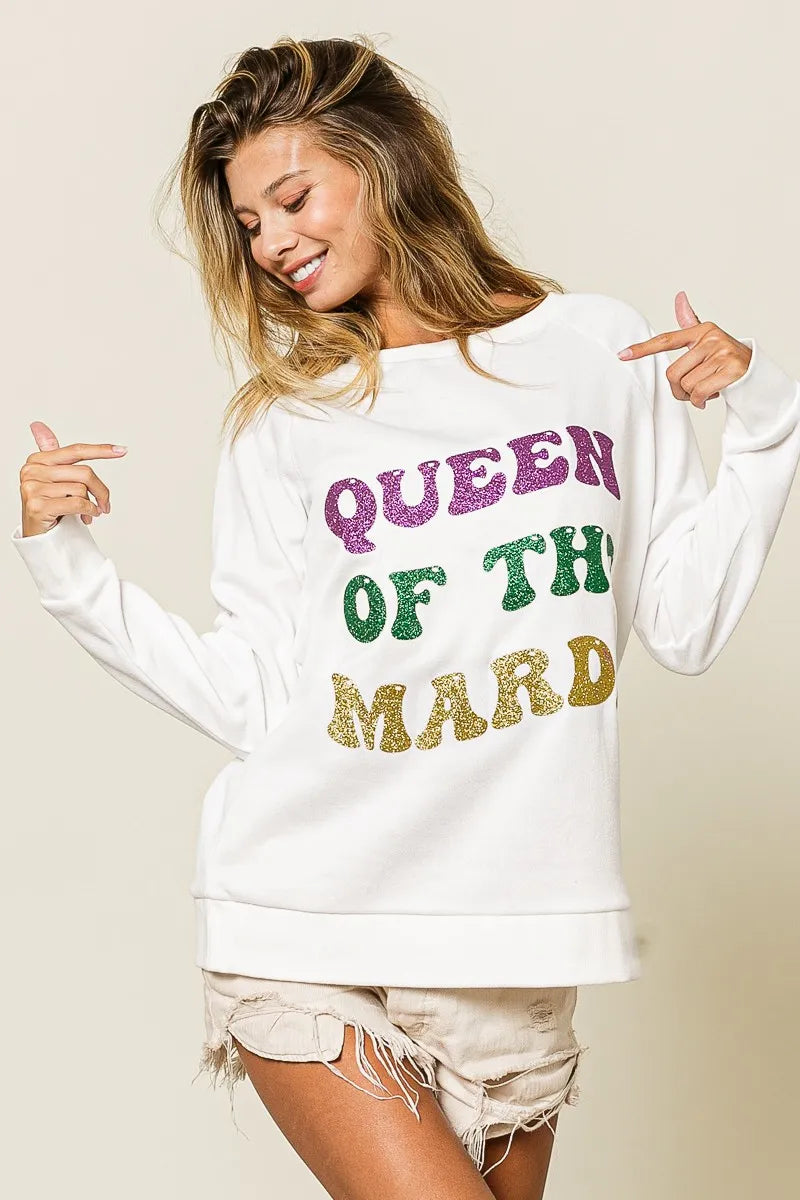 Off White Bibi Queen Of Mardi Glitter Print Mardi Gras Sweatshirt