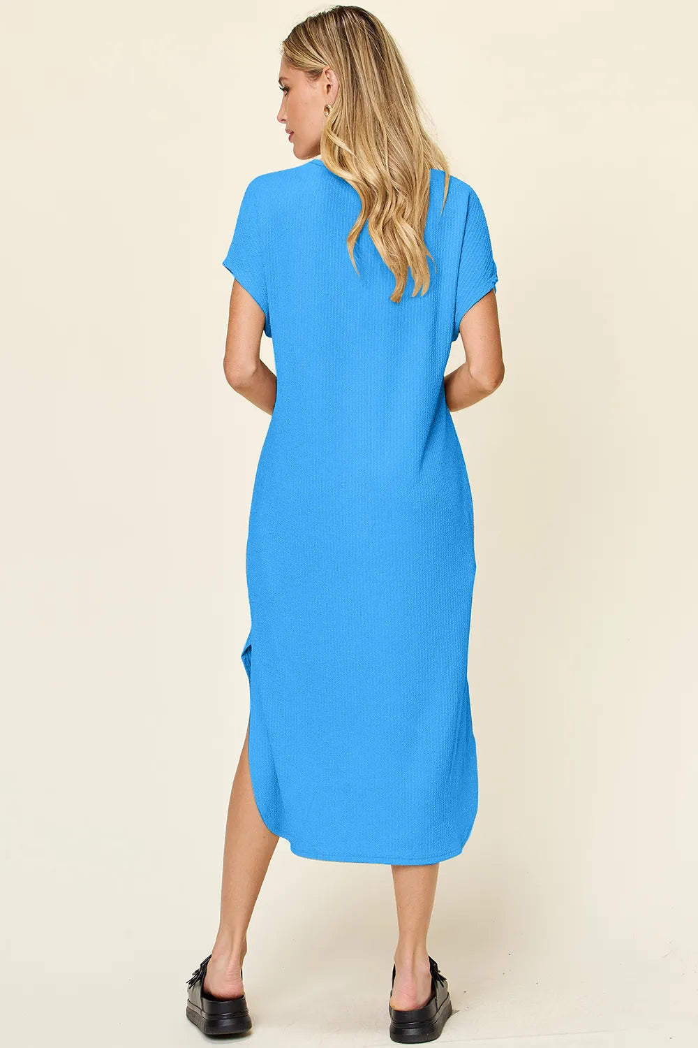 Sky Blue Double Take Full Size Round Neck Short Sleeve Slit Dress