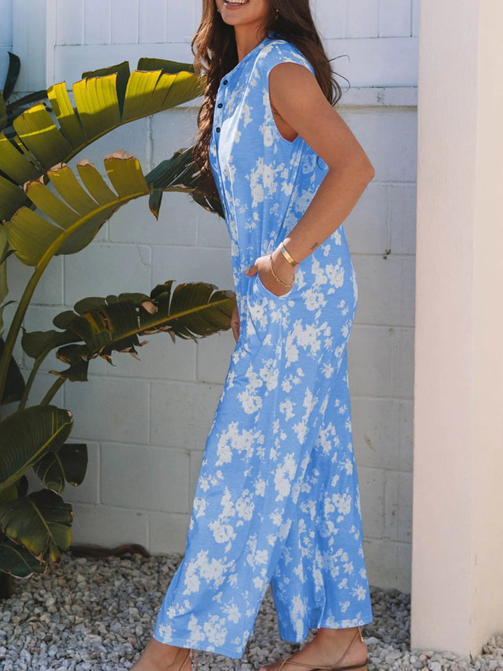 Light Blue Printed Button Front Wide Leg Jumpsuit