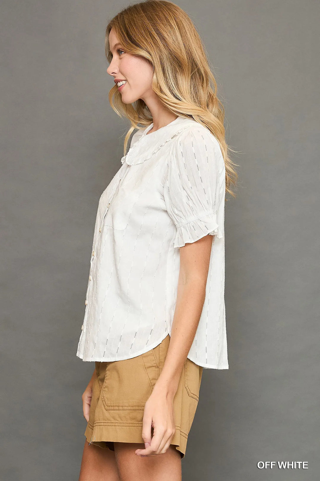 Off White Umgee Peter Pan Collared Button Down Textured Shirt With Ruffled Detail 1
