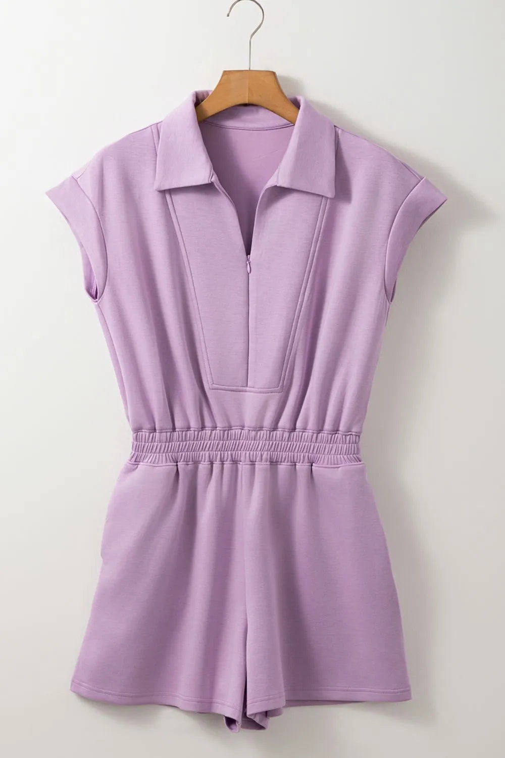 Lilac Short Sleeve Zipper Collared Elastic High Waist Romper