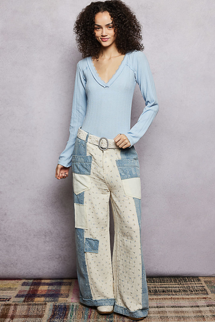 Pol V Neck Long Sleeve Ribbed Top With Lace Accent Neckband 2