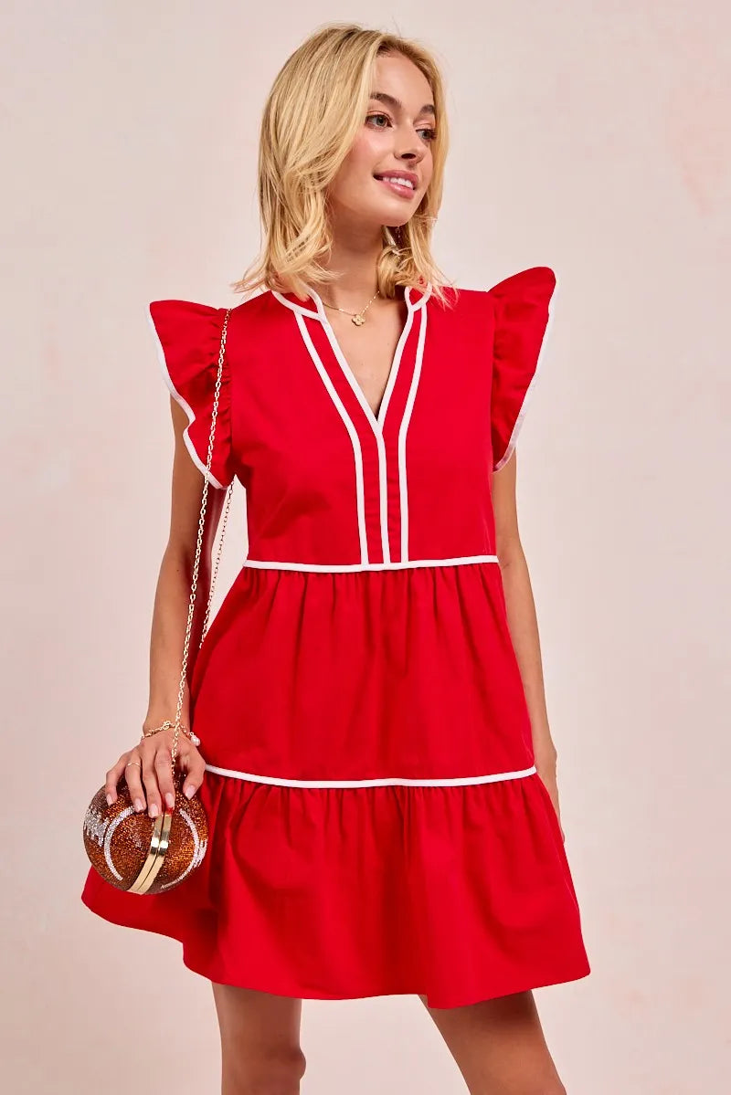 Red Bibi Gameday Theme Contrast Binding Ruffled Dress 1