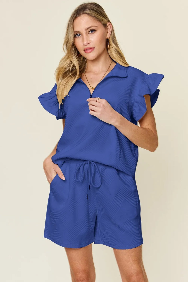 Mid Green Double Take Full Size Texture Flounce Sleeve Top And Drawstring Shorts Set