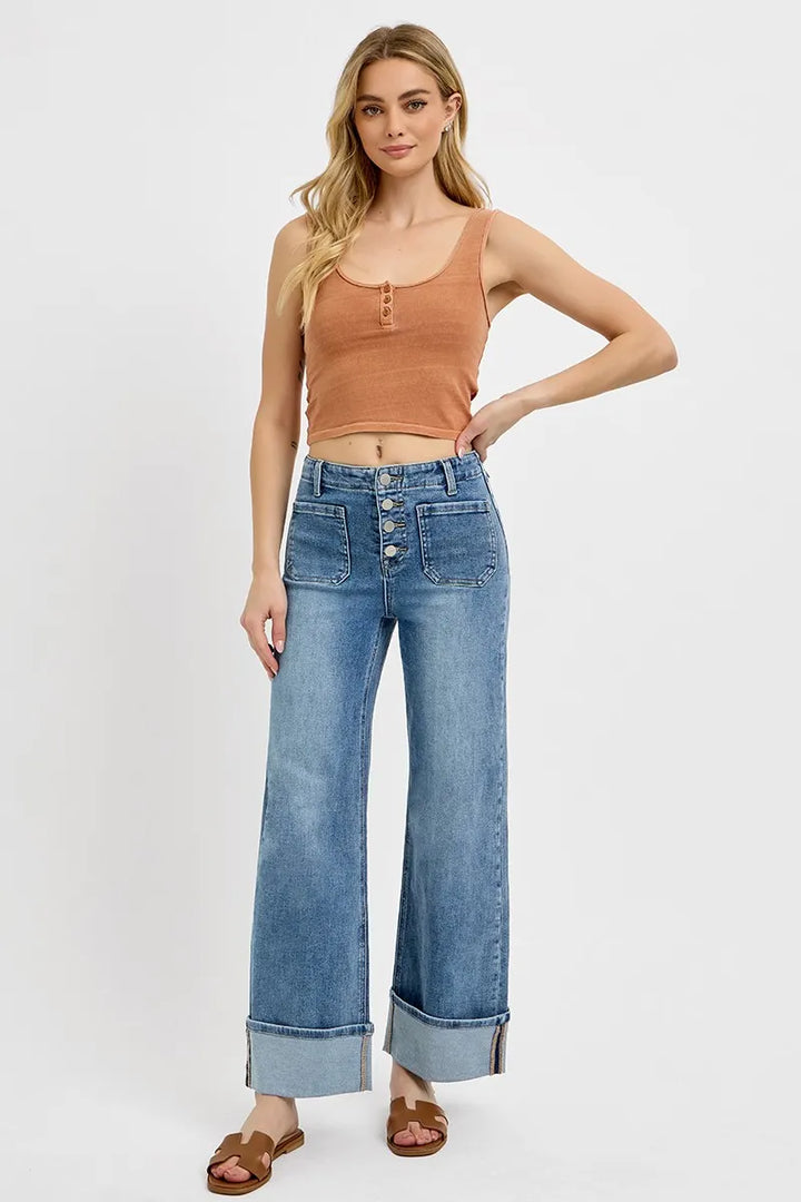 Medium Risen High Rise Ankle Wide Button Patch Pocket Cuffed Jeans