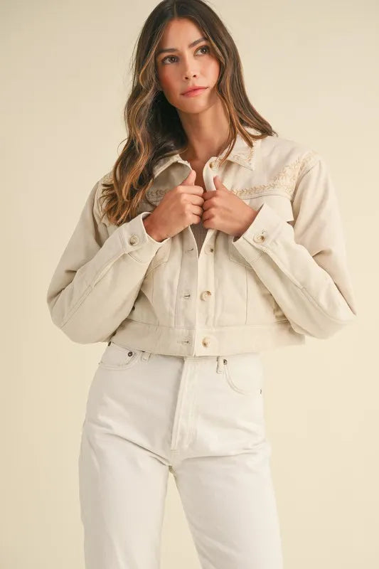 Taupe Mable Embroidered Quilted Cropped Jacket