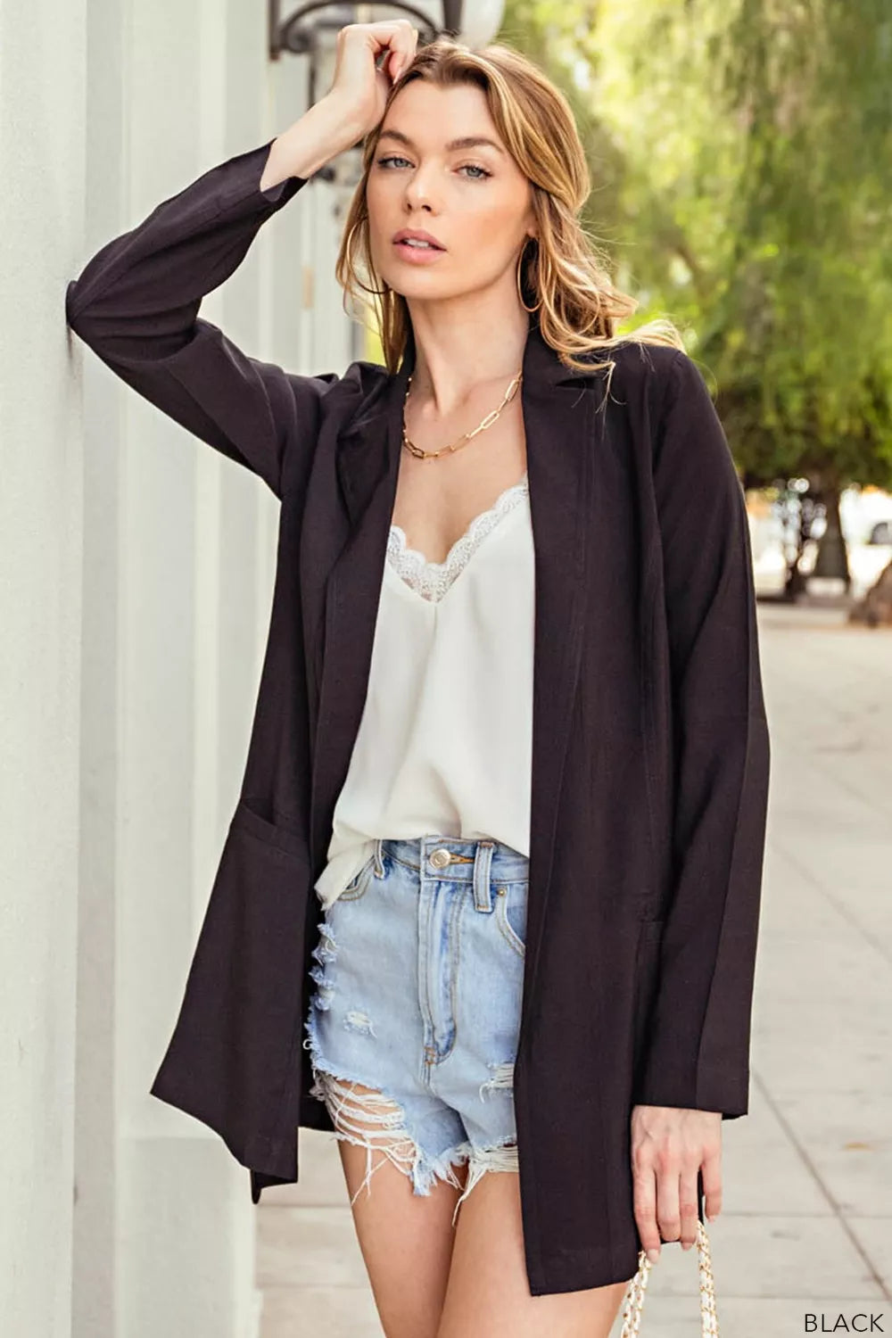 Black Kori America Open Front Long Sleeve Blazer