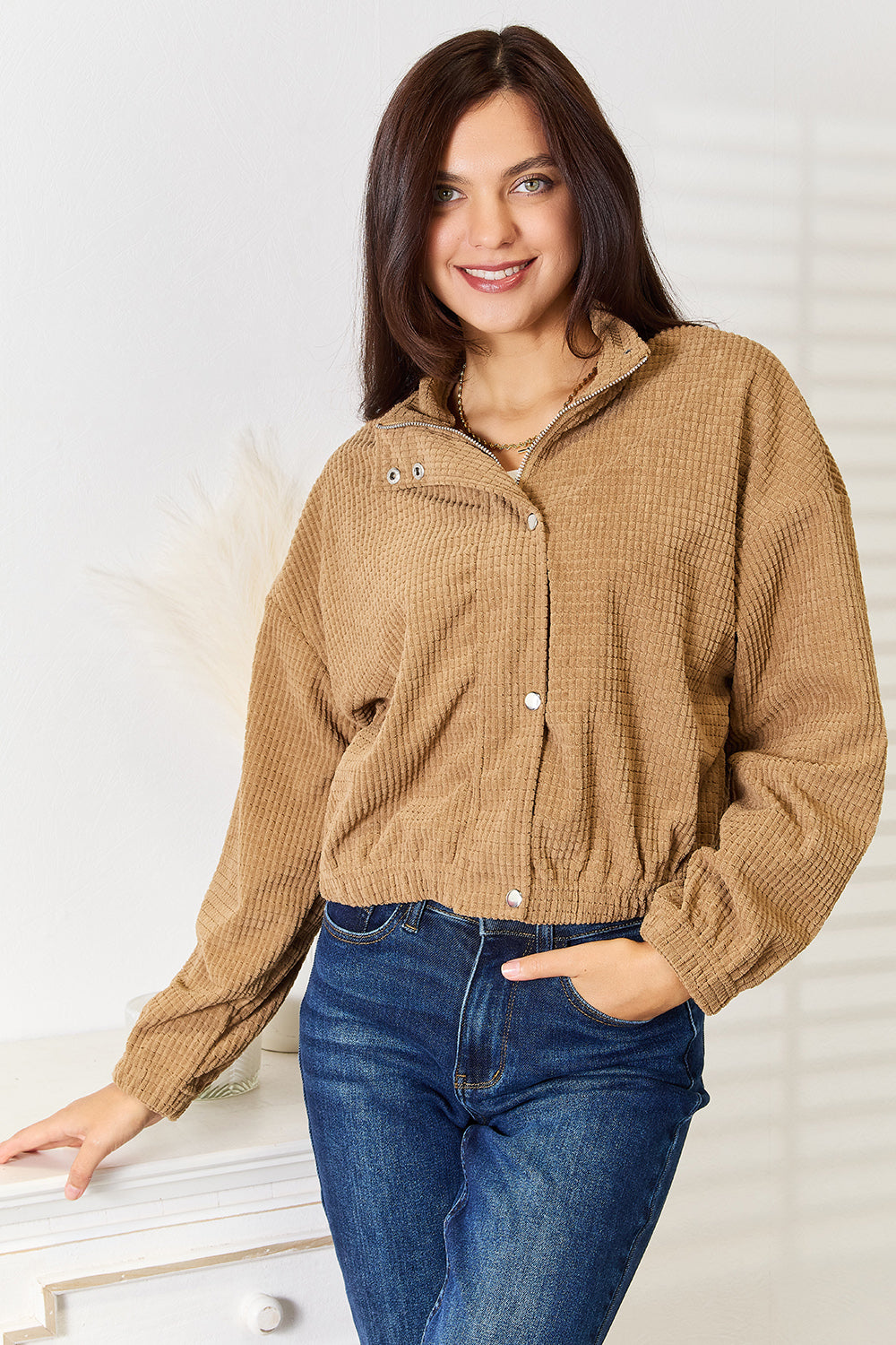 Camel Perfee Long Sleeve Dropped Shoulder Jacket