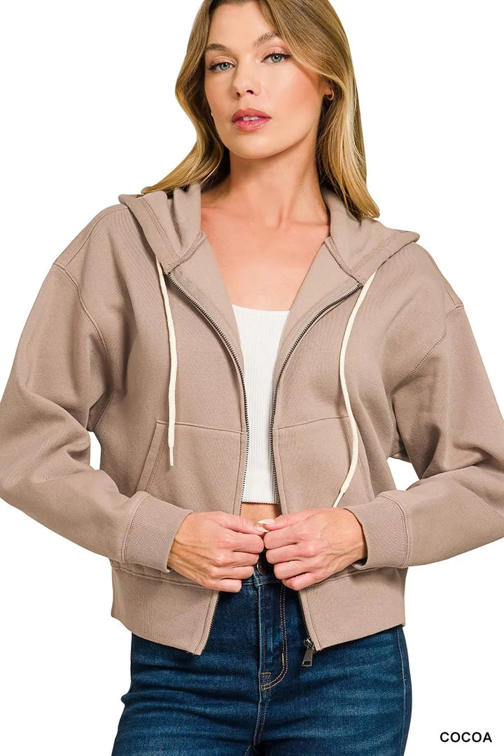 Cocoa Zenana Fleece Cropped Zip Up Hoodie With Pockets
