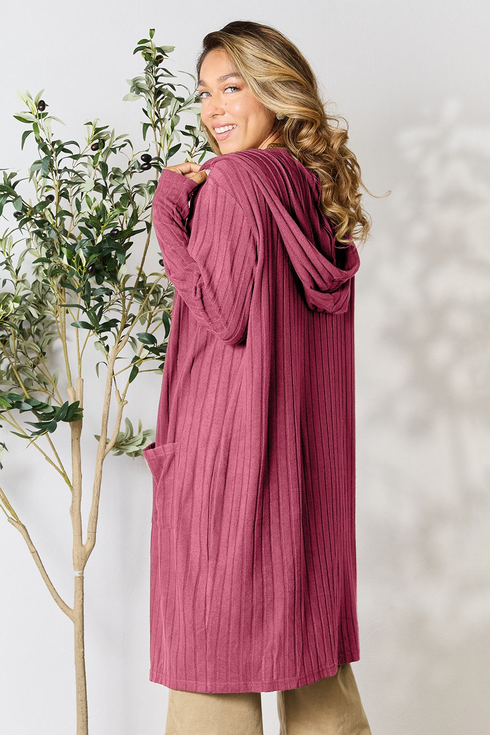 Pink Basic Bae Full Size Hooded Sweater Cardigan
