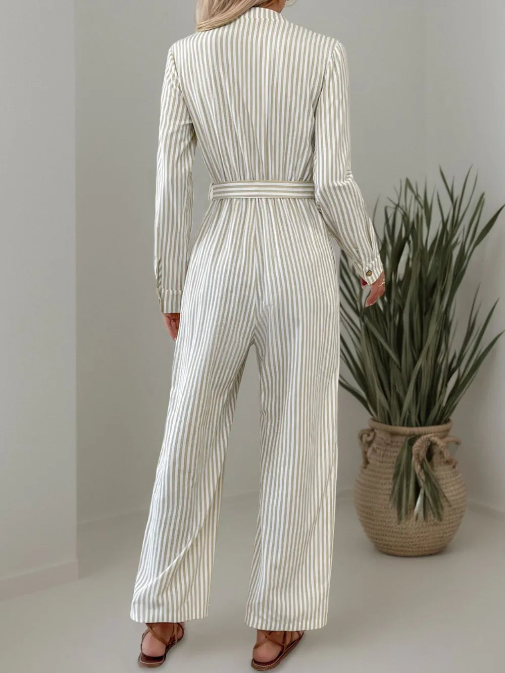 Beige Striped Notched Long Sleeve Tie Waist Jumpsuit