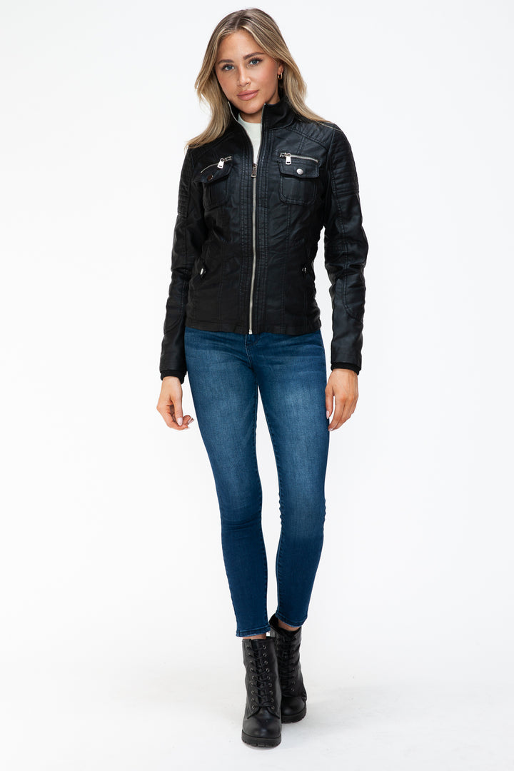 Ymi Removable Faux Layered Multi Pocket Jacket With Fuzzy Hood