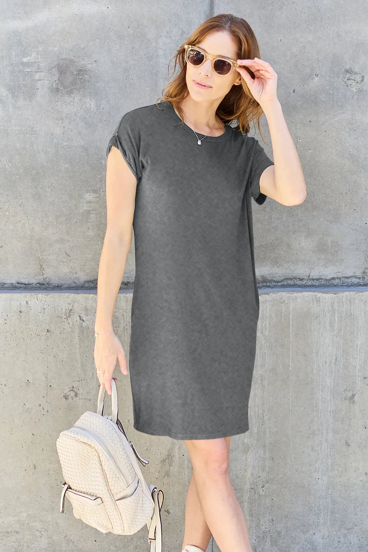 Gray Basic Bae Full Size Round Neck Short Sleeve Dress With Pockets