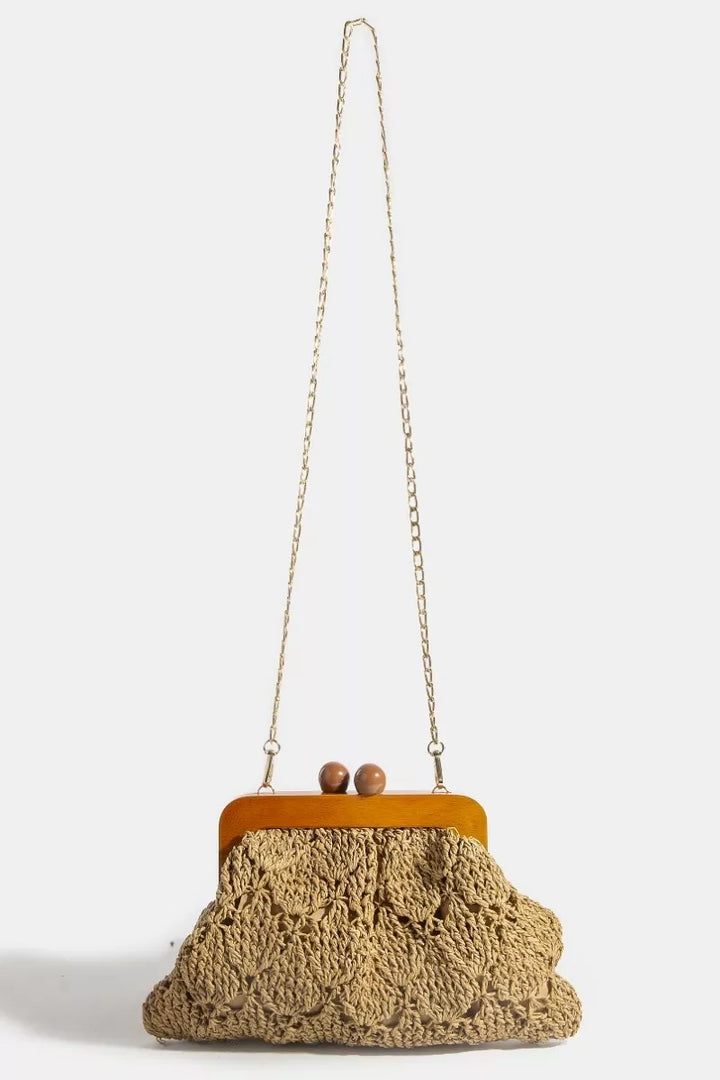 Fame Straw Braided Wooden Frame Clutch Bag