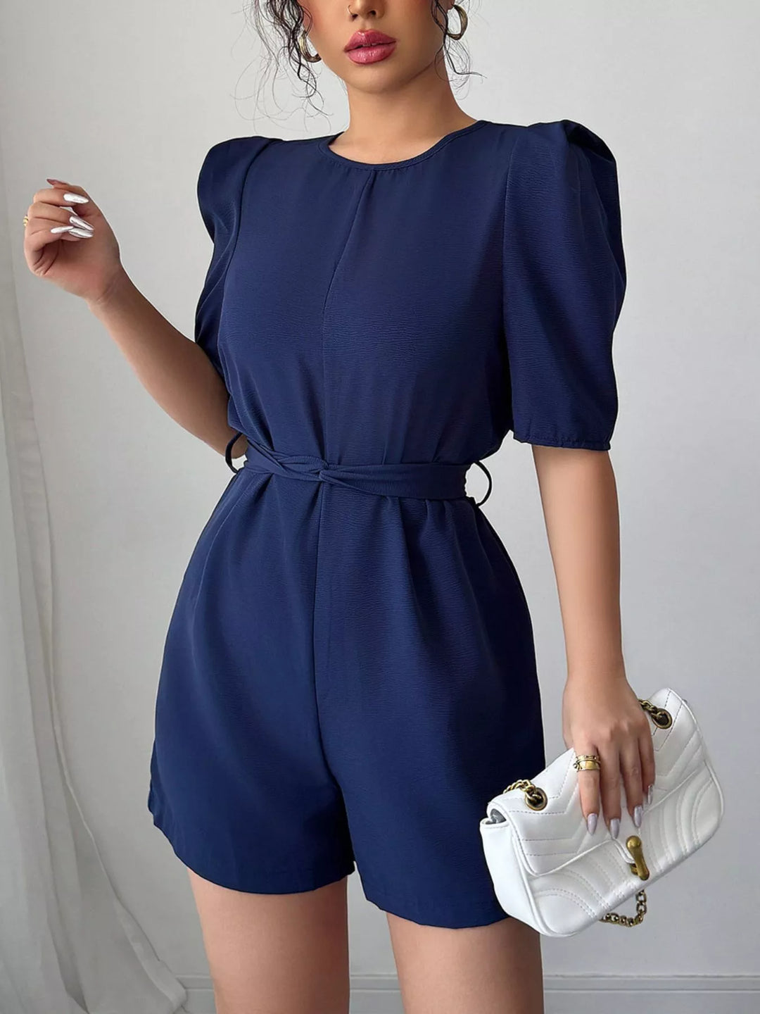 Navy Tie Waist Short Sleeve Romper