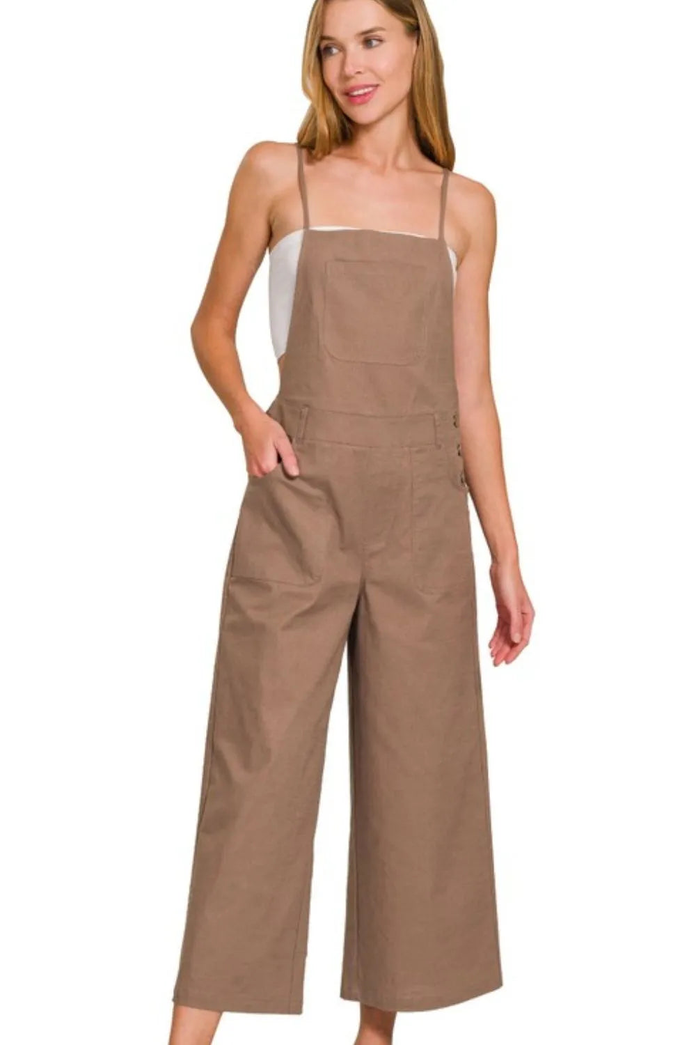 Mocha Zenana Woven Spaghetti Strap Overalls 3