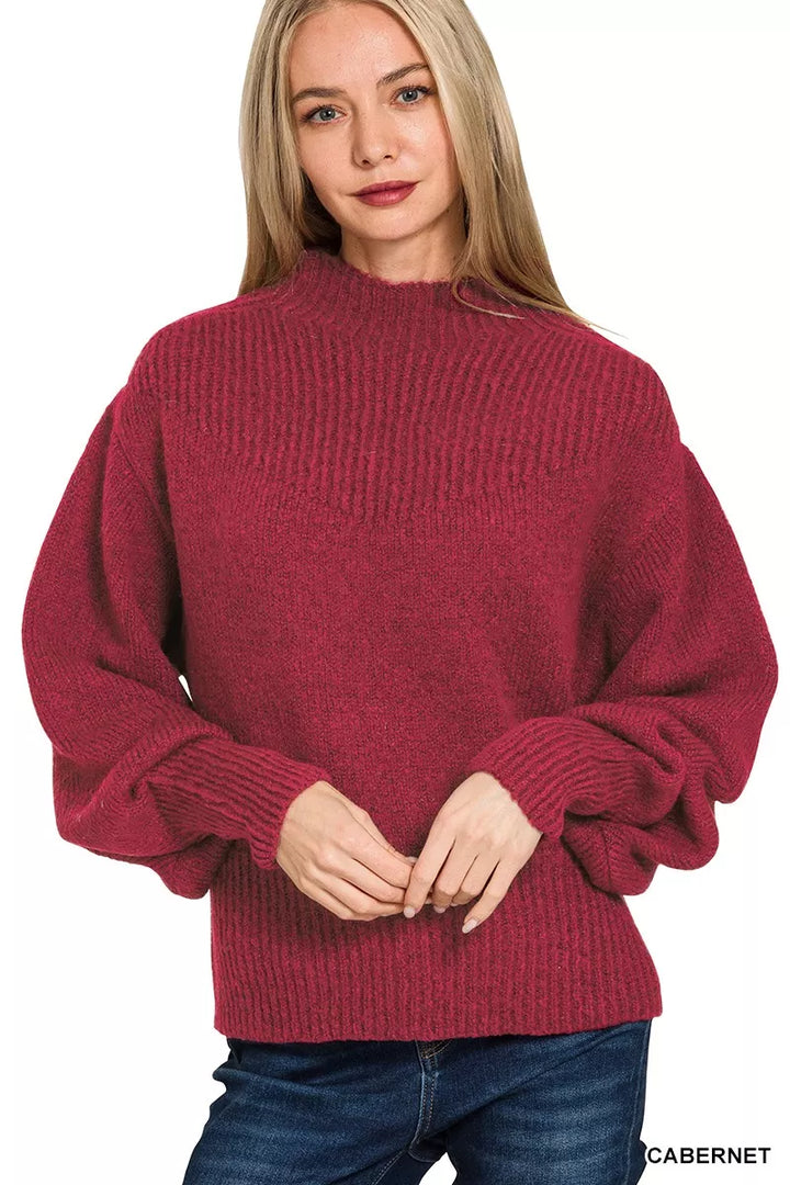 Cabernet Zenana Balloon Sleeve Mock Neck Sweater