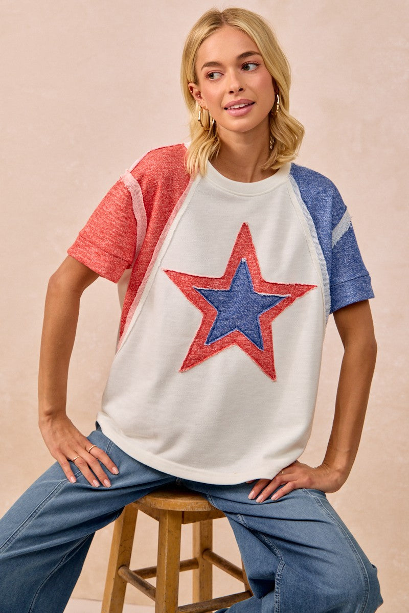White/Red/Navy Bibi Contrast French Terry Cut Edge Detail Fourth Of July Theme T Shirt