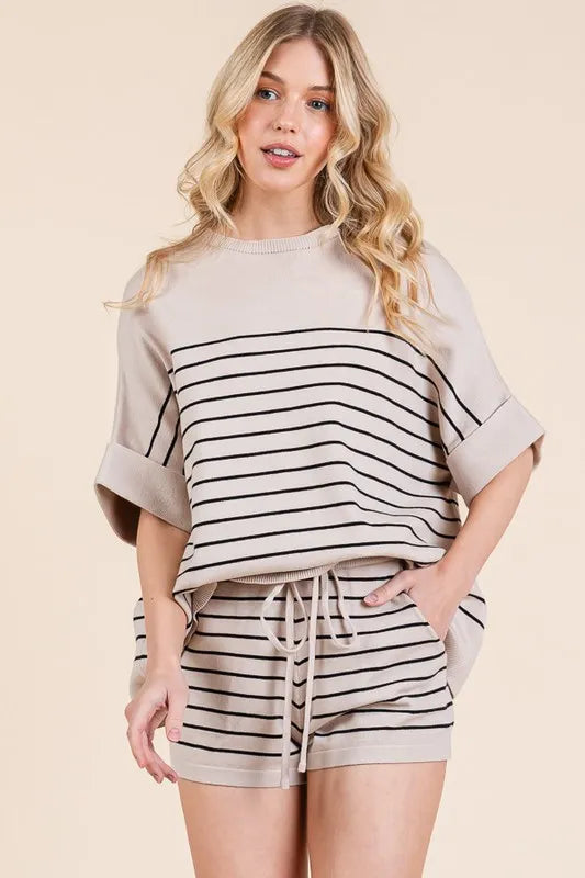Lime N Chili Striped Folded Half Sleeve Top And Shorts Set