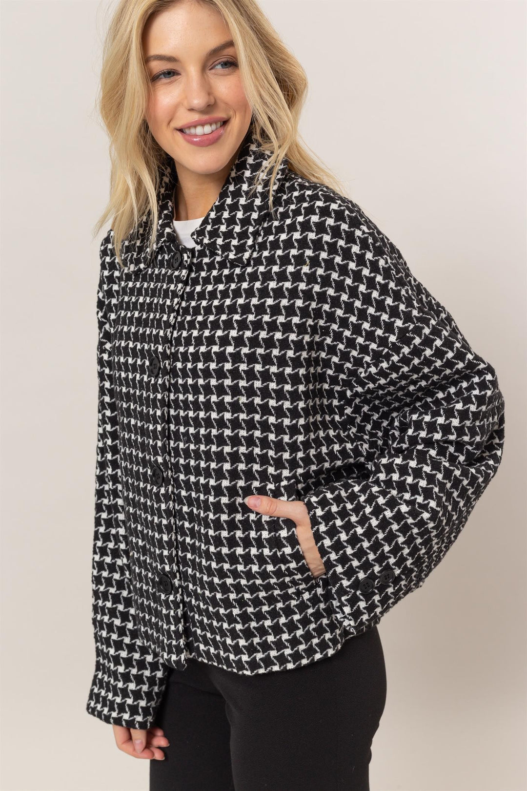 Black Hyfve Tweed Plaid Button Up Collared Neck Jacket