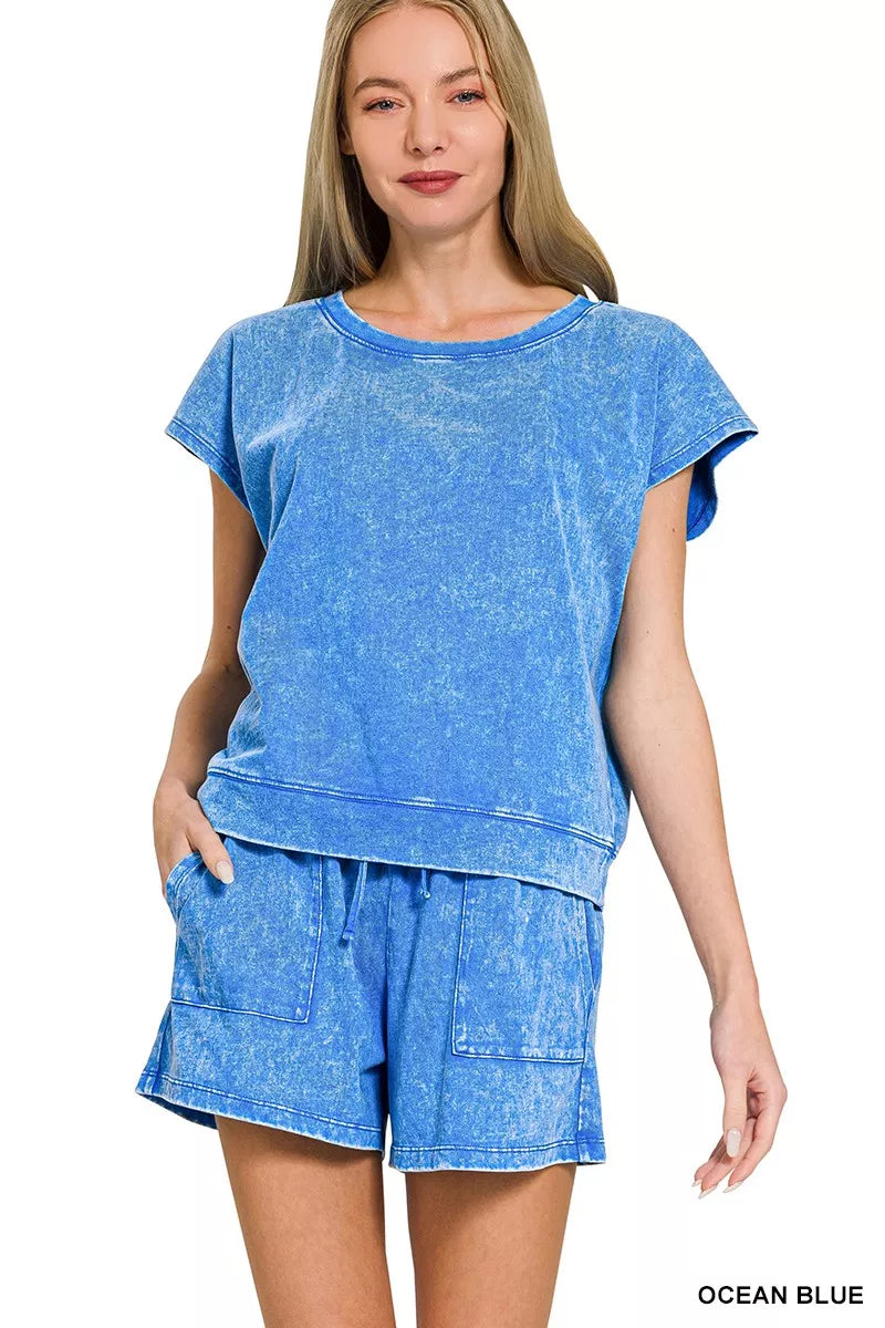 Ocean Blue Zenana Premium Cotton Washed Sleeveless Top Shorts Set 1