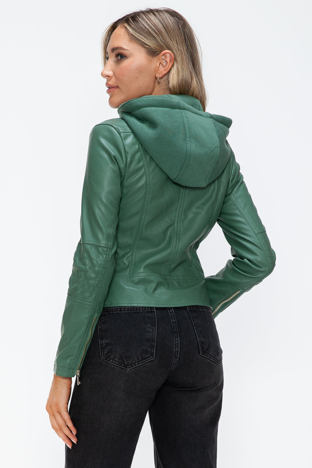 Sage Snobbish Faux Leather Zip Up Drawstring Hooded Jacket