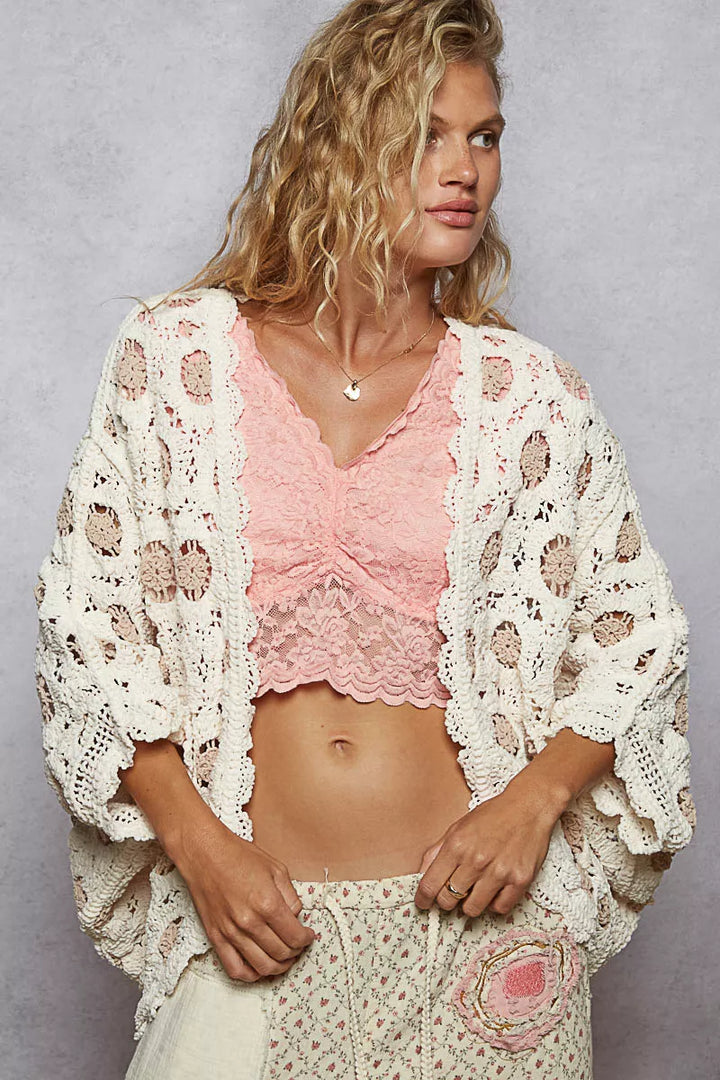 Cream/Latte Pol Openwork V Neck Chenille Cardigan With Contrast Floral