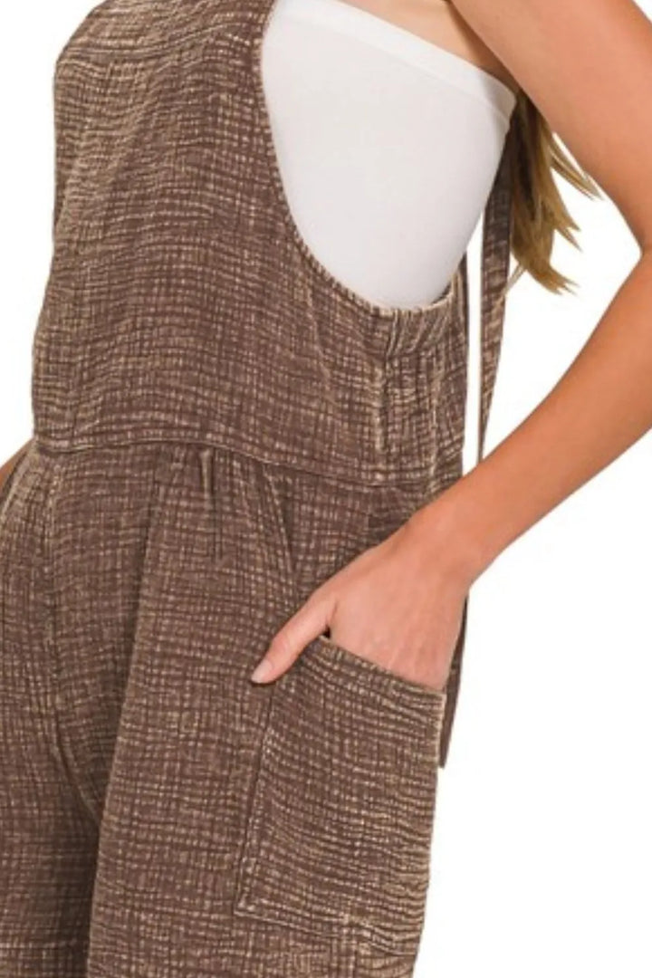 Brown Zenana Washed Double Gauze Tie Back Rompers 2