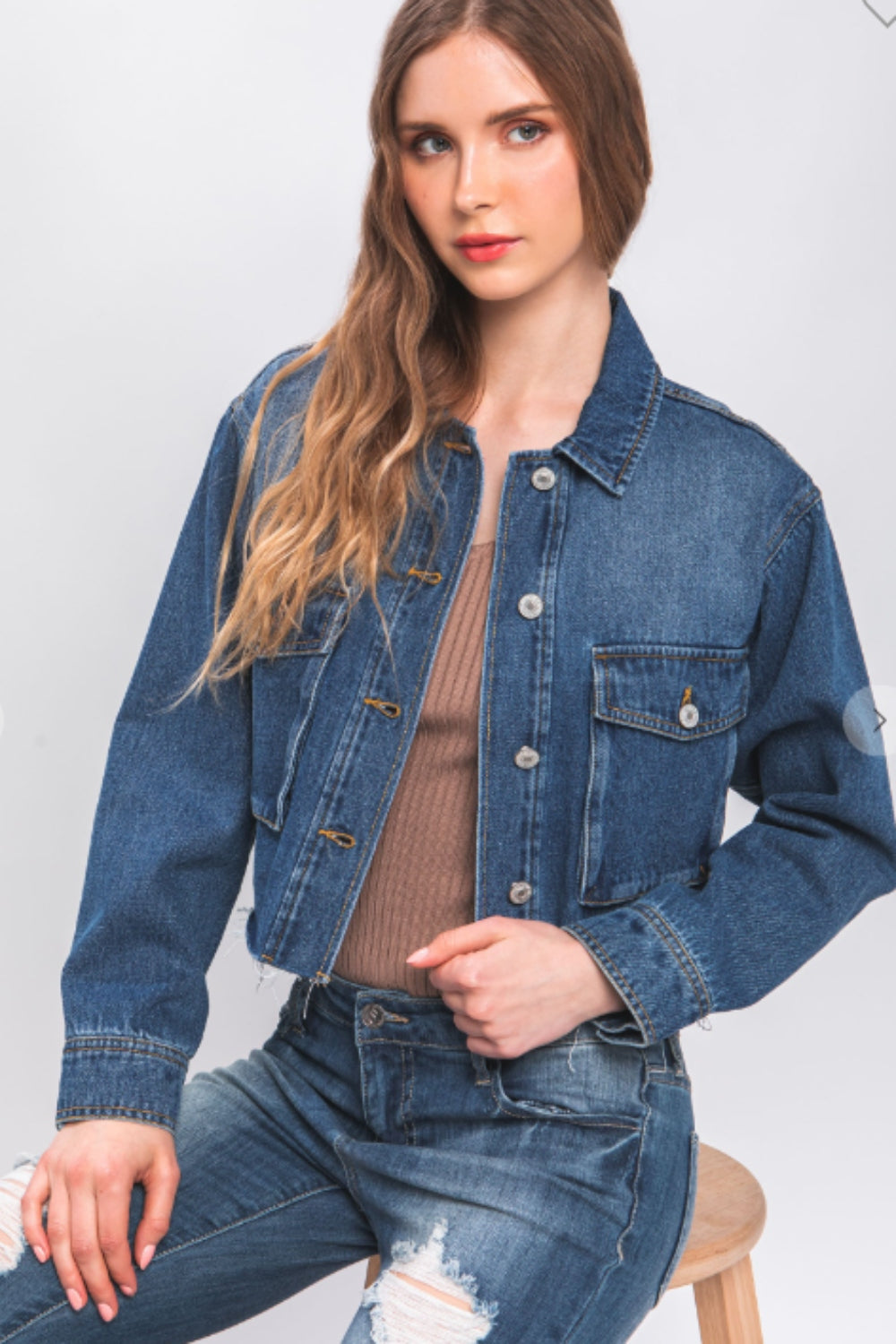 BLUE Love Tree Raw Hem Button Up Cropped Denim Jacket