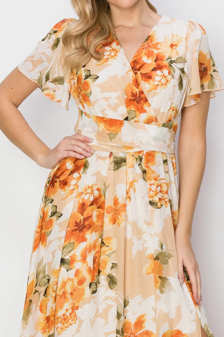 Hyfve Floral Tie Back Short Sleeve Slit Maxi Dress