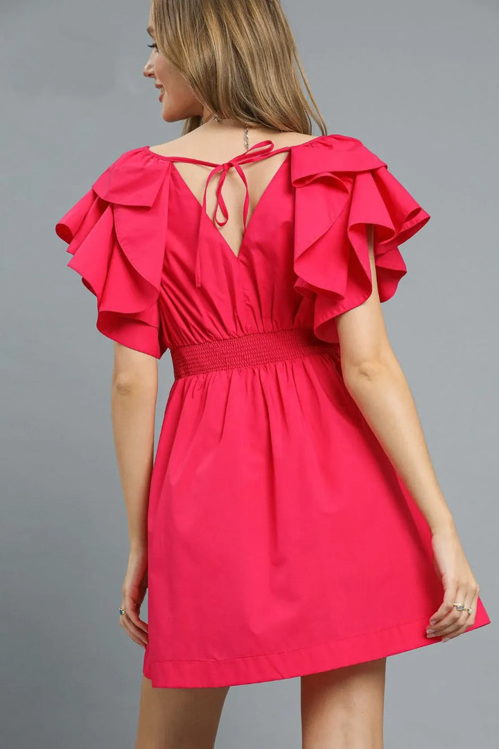 Deep Rose Umgee Double Ruffle Sleeve Fit And Flare Dress 1
