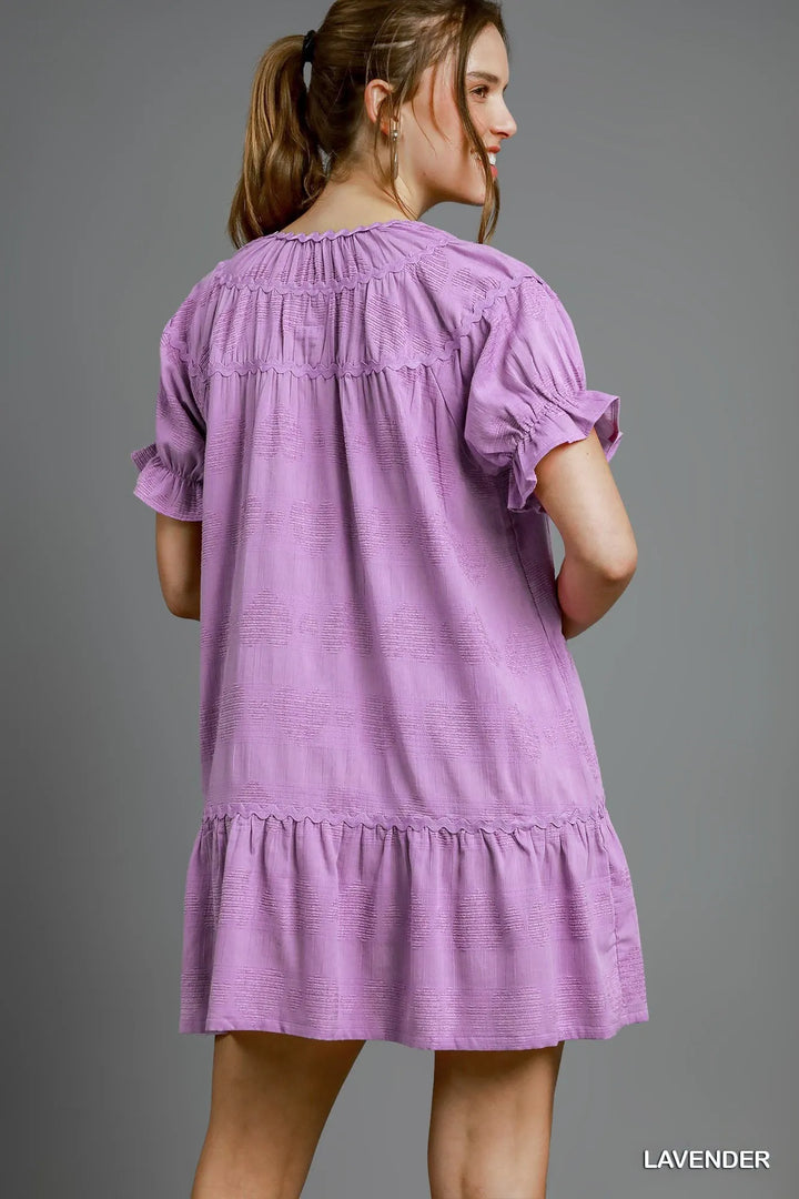 Lavender Umgee Heart Pattern Short Sleeve Ruffle Babydoll Dress