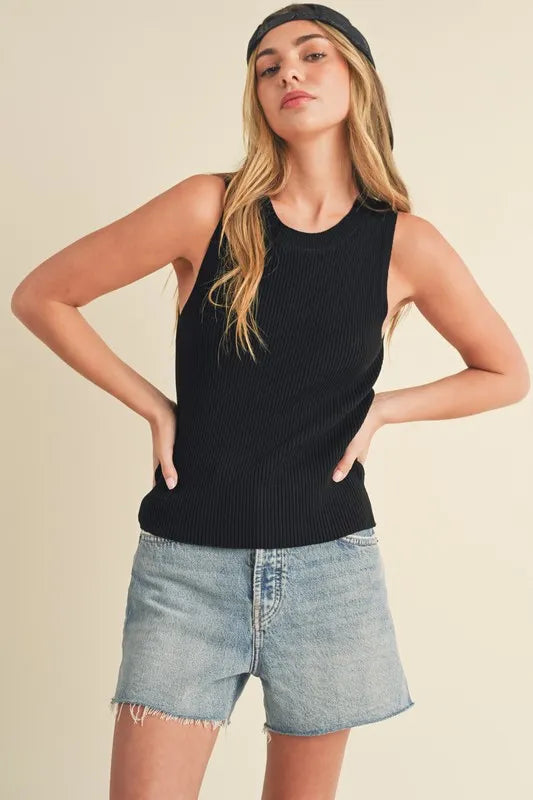 Black Aemi Co Ribbed Round Neck Knit Tank