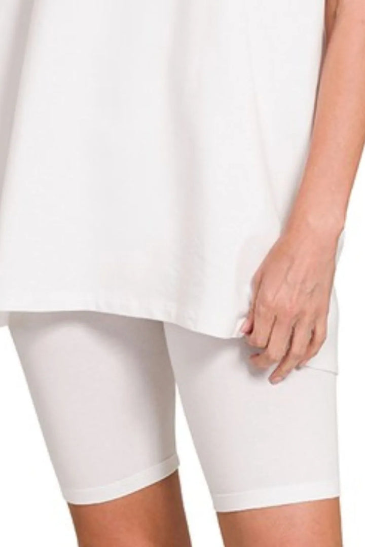 White Zenana Cotton Round Neck Top Biker Shorts