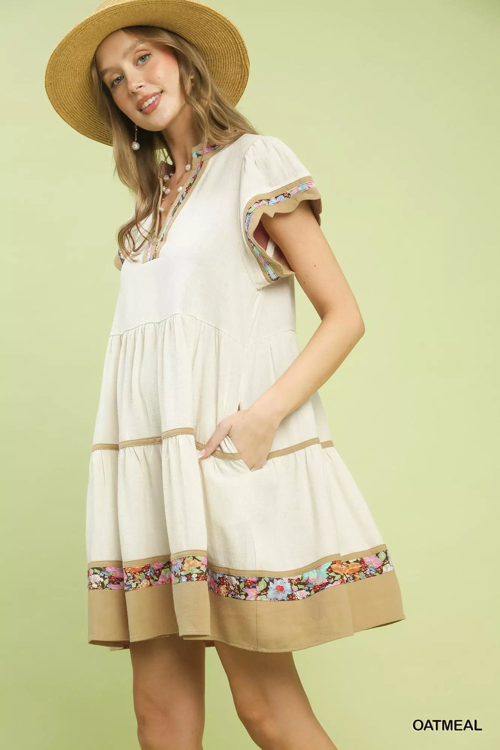 Oatmeal Umgee Linen Tiered Flutter Sleeve Dress With Floral Trim