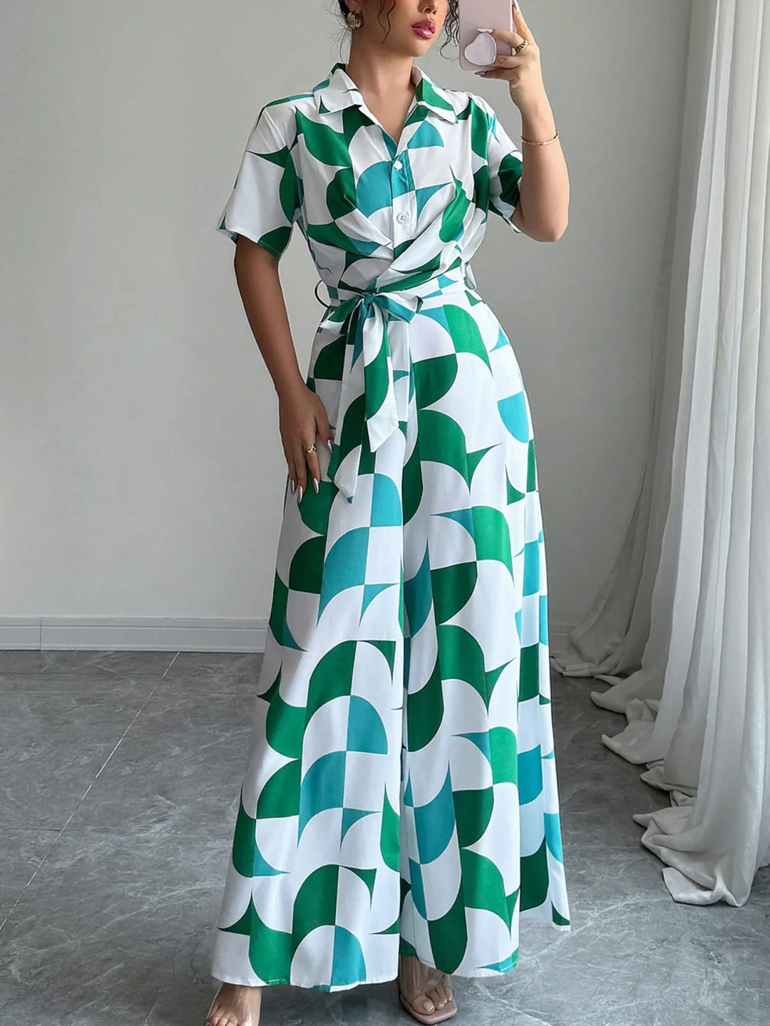 Turquoise Printed Wide Leg Belted Jumpsuit